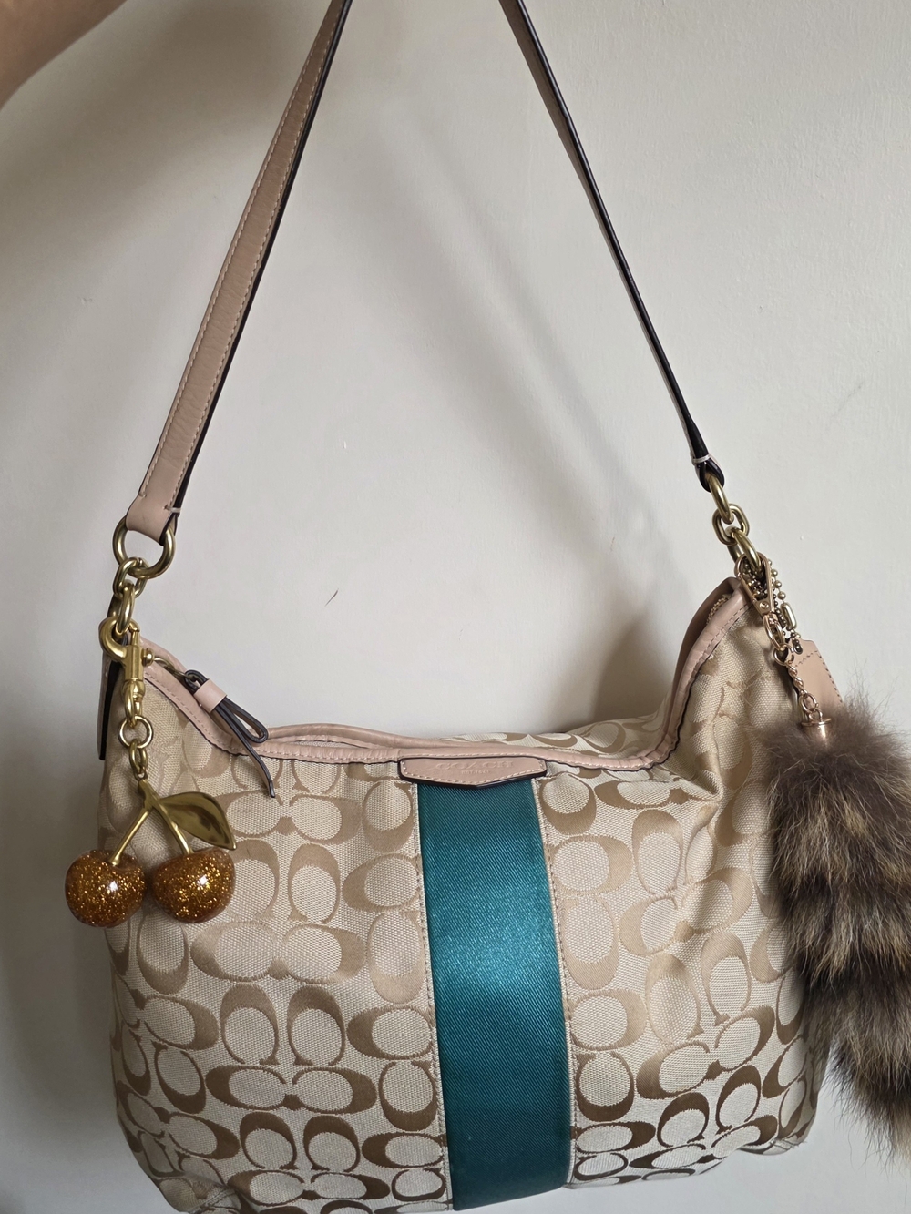 Coach Beige Signature Hobo with Teal Center Stripe and Pink Trim